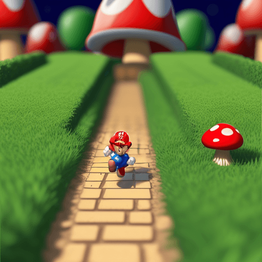 AI generated: Super-Mario running, Mushroom Kingdom background, 32k, closeup, trending on poltcount 3D, game --v 5...