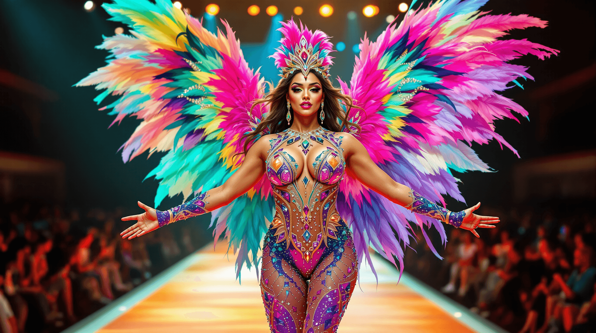 AI generated: Hyper Realistic A stunningly Curvy expressive model Woman a Parading fashion show runway. Light-skin...