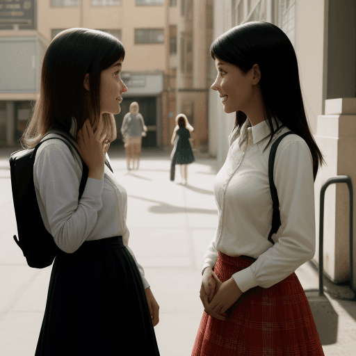 AI generated: standing two woman, both engaged in conversation, they are in kindergarten. It's afternoon, 
