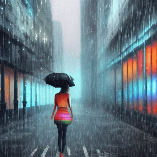 AI generated: rainbow girl Standing in the rain, dark city and streets in the background, moody lighting cinematic...