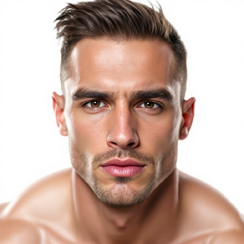 AI generated: A male in his 20's,muscular, face is very masculine.  the width of his chins is narrow,his eyes are ...