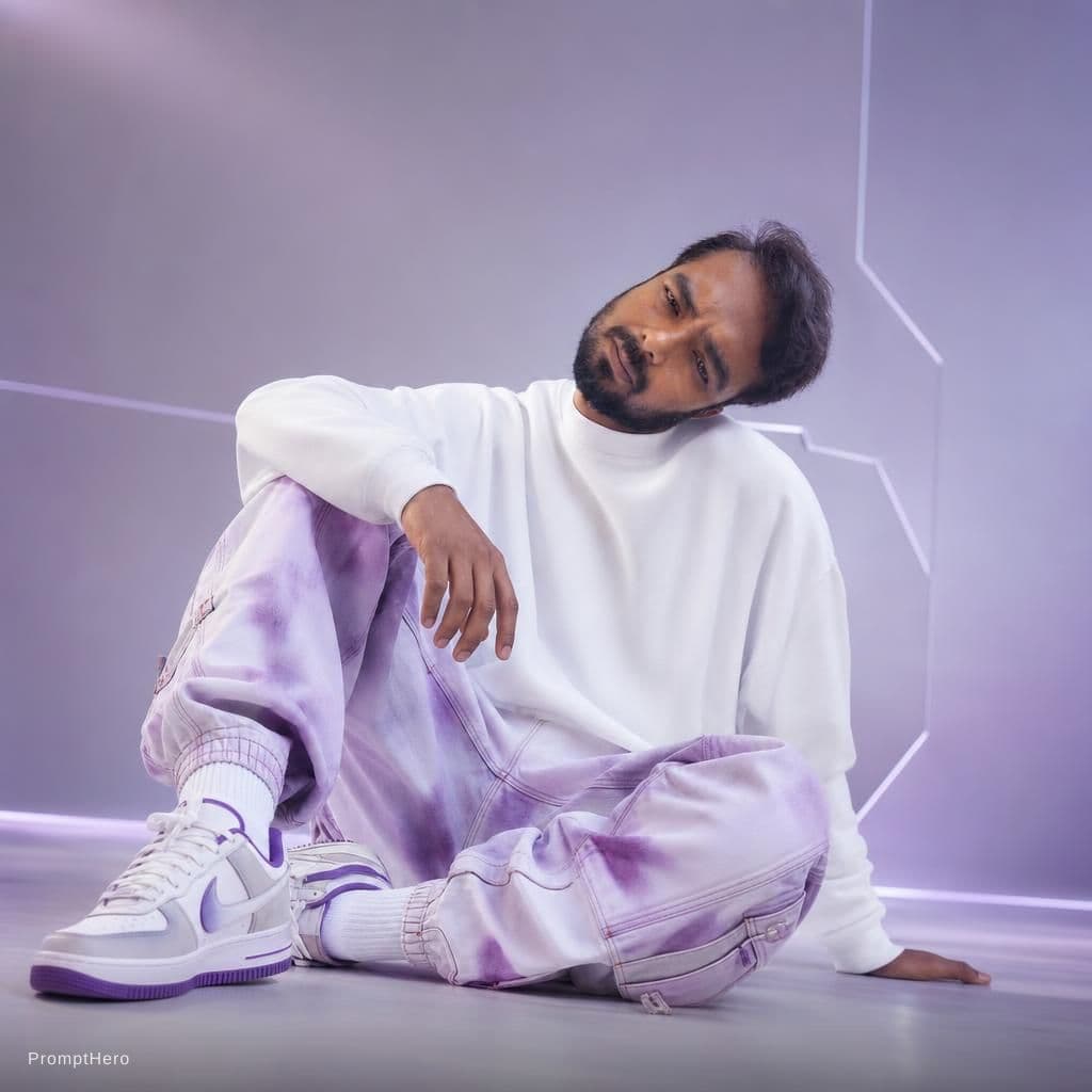 AI generated: Oversized white sweatshirt, white purple oversized combat jean, styled with footwear: white purple n...