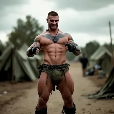 AI generated video: Walking towards me flexing biceps and grinning