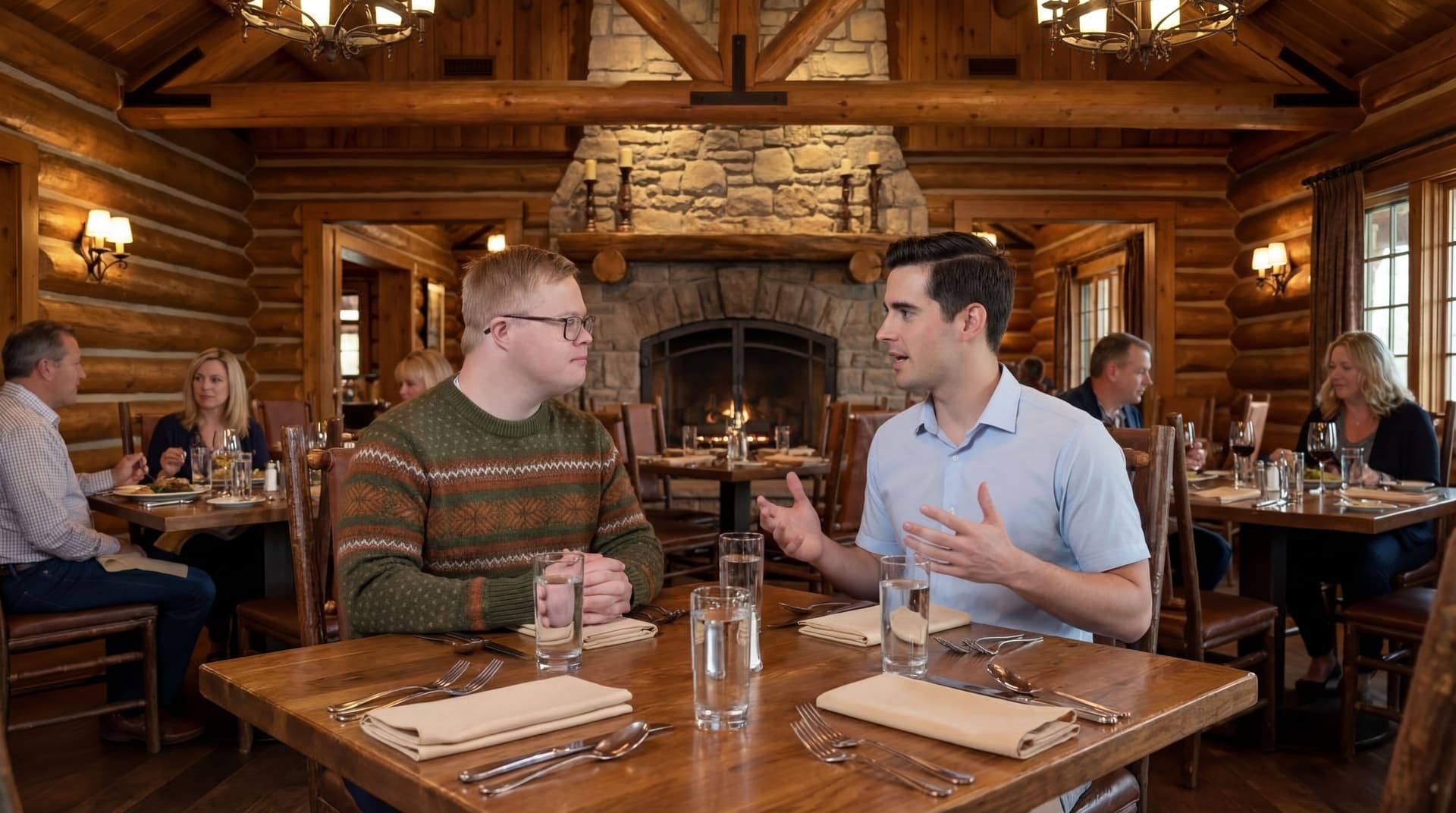 AI generated: Same scene. Just no menus. They guy in the light blue shirt is expressing conversation with his hand...