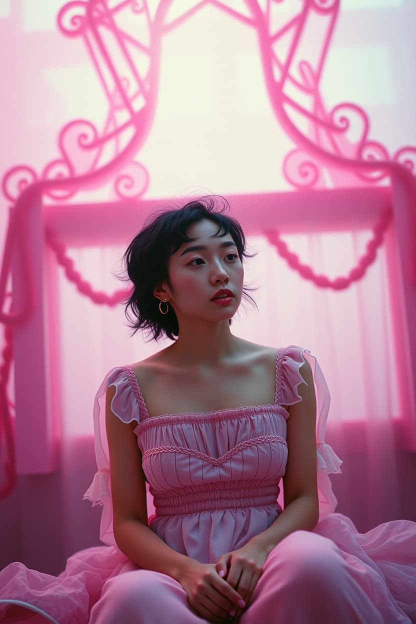 AI generated: digital art, fashion editorial, a close portrait of beautiful darkhaired dreaming asian woman in pin...