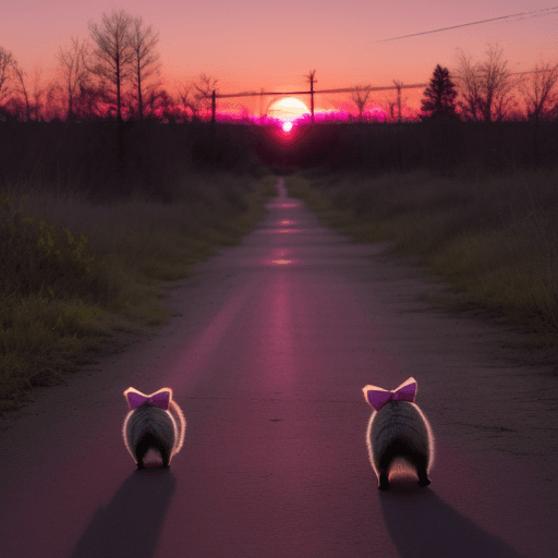 AI generated: pink sunset photo with raccoons wearing pink bows in the distance

