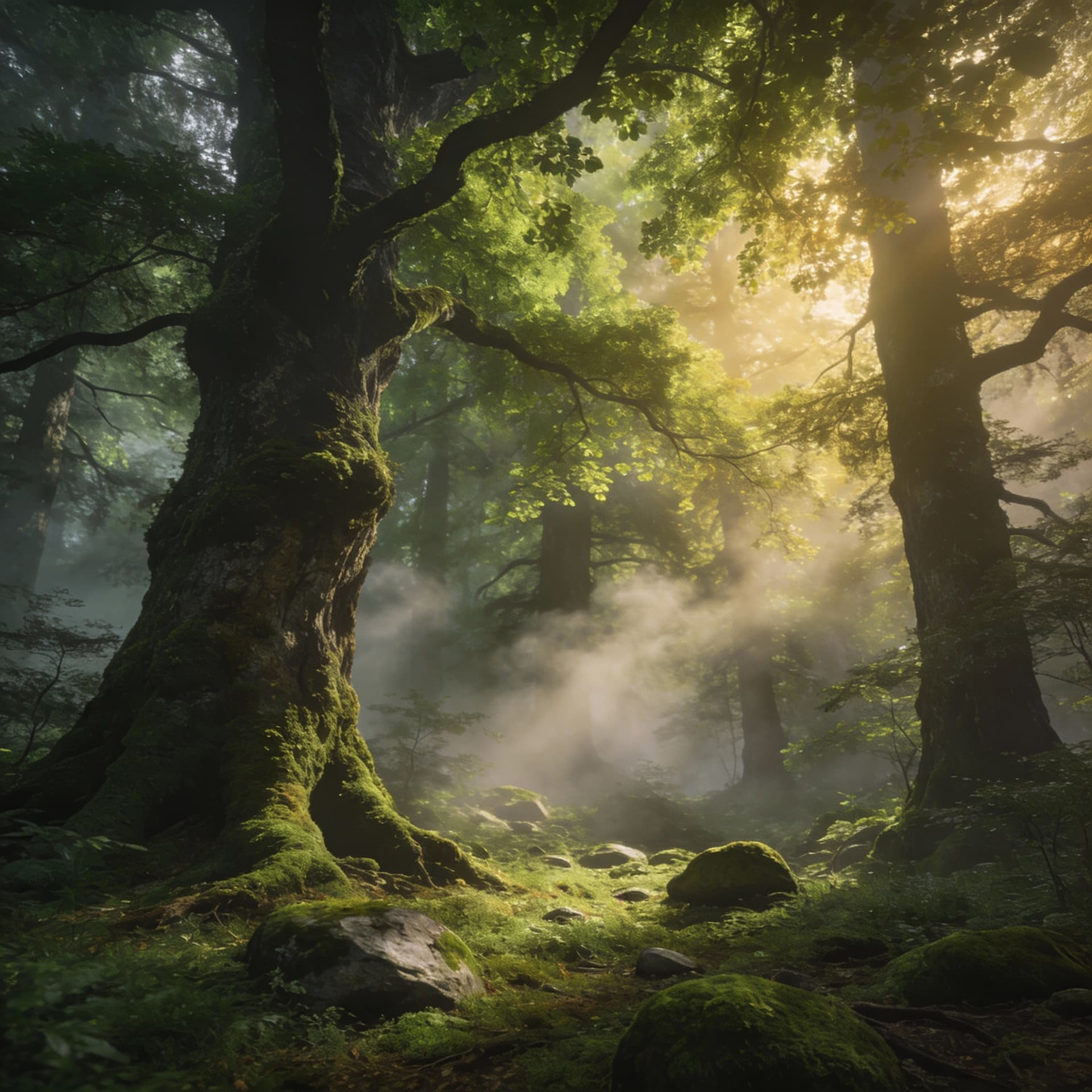 AI generated: lush forest, misty woods, ancient trees, verdant canopy, atmospheric light, woodland scenery, moss-c...