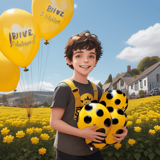 AI generated: cute, adorable, smiling bumblebee boy holding a bunch of colorful balloons, iSetting the scene in th...
