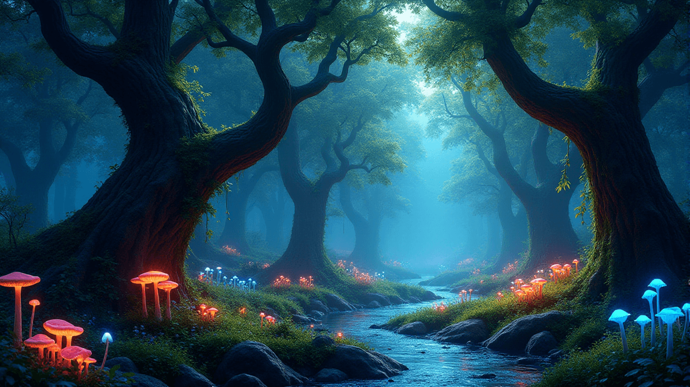 AI generated: A breathtaking magical forest bathed in a soft, ethereal glow. The trees are tall and ancient, with ...