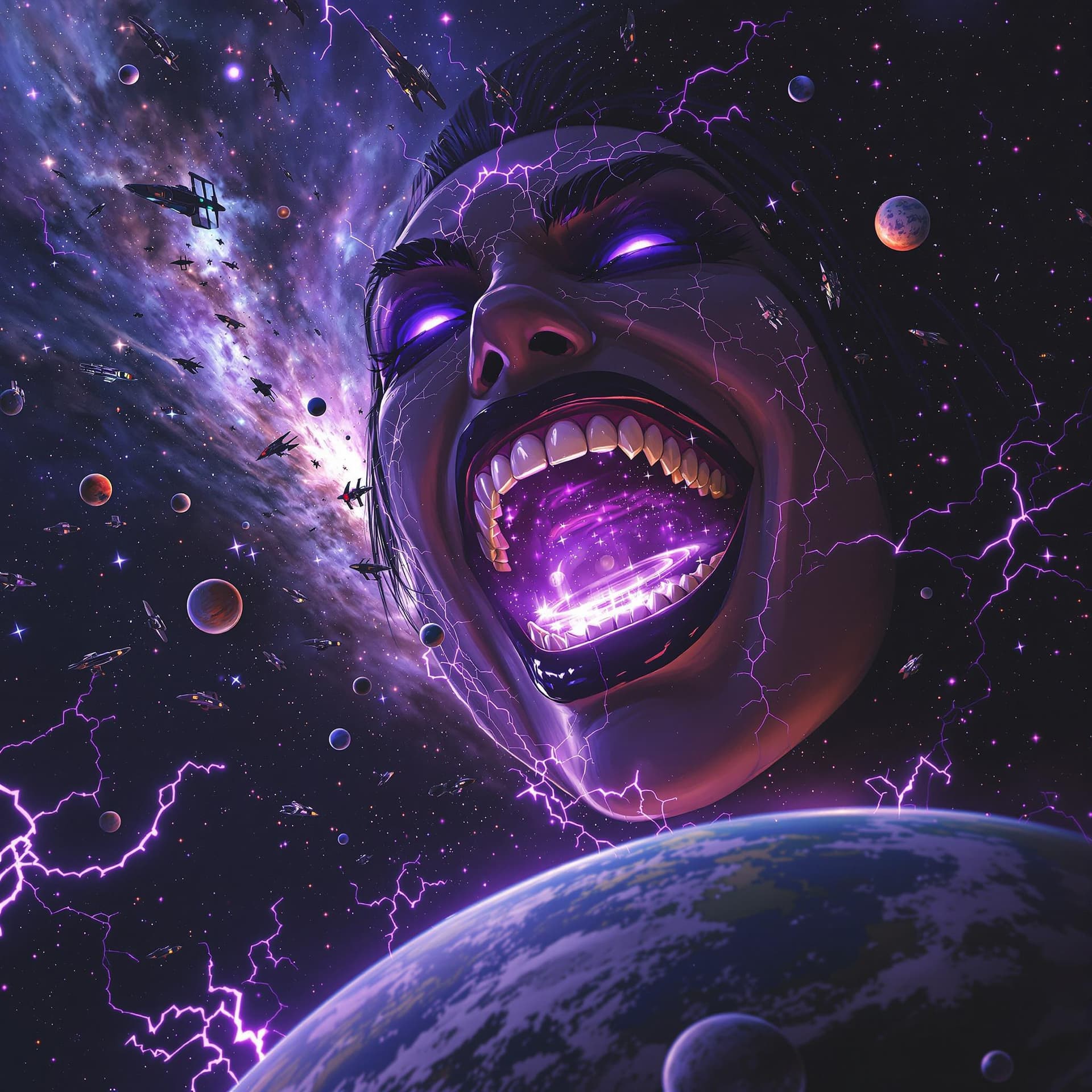 AI generated: enormous giantess Rhea Ripley  from WWE
bigger than a galaxy floating in space, minuscule planets in...