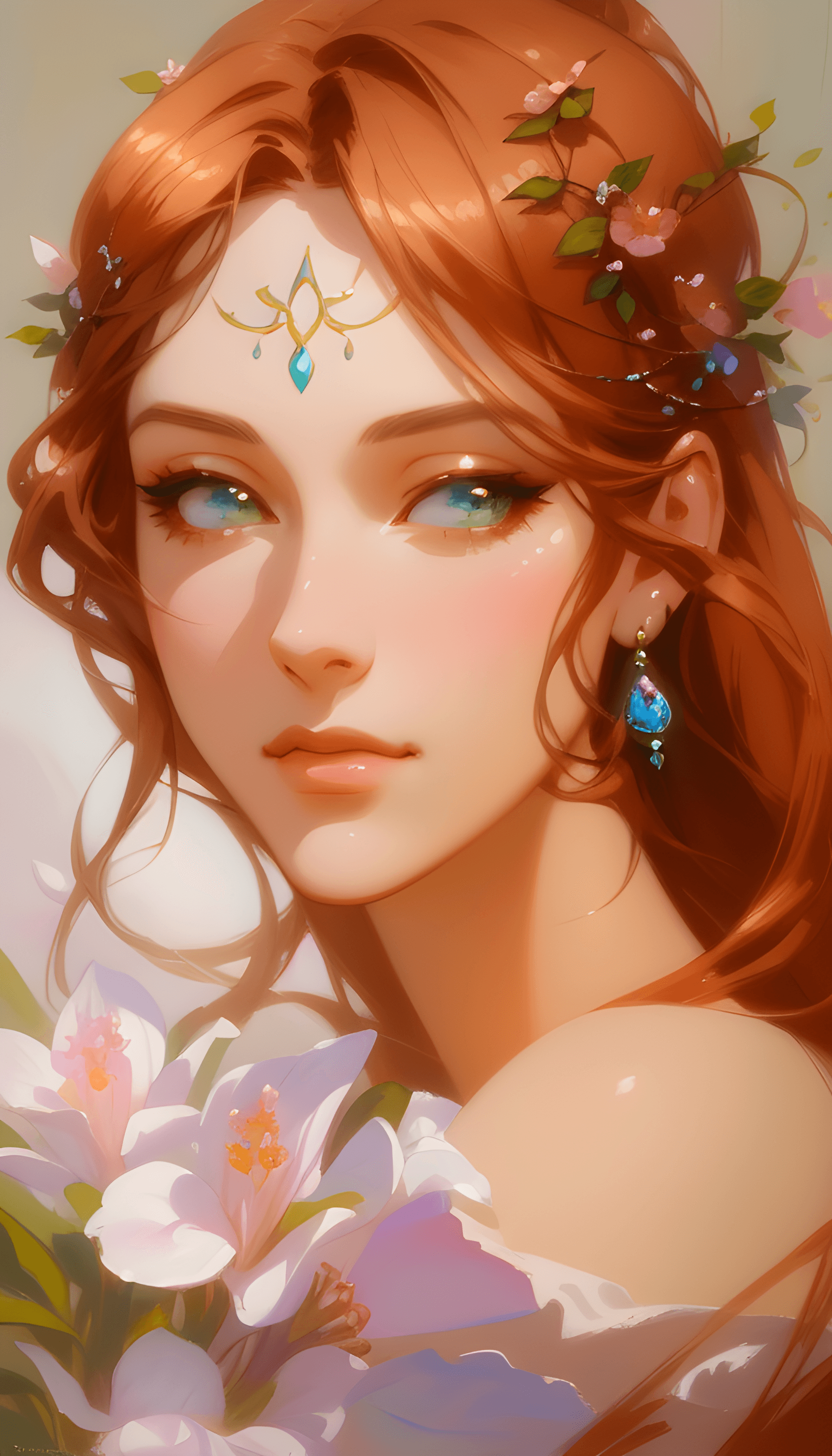 AI generated: a painting of a woman with a flower in her hair, beautiful fantasy art portrait, beautiful fantasy p...