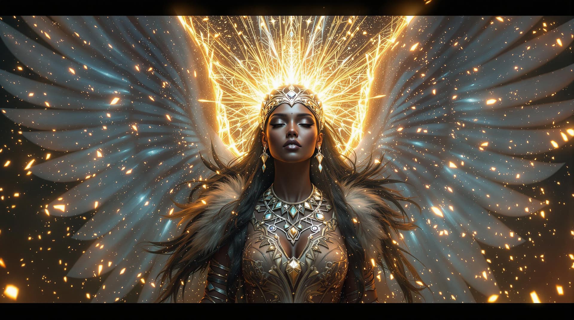 AI generated:   archangel characters, including one with beautiful, dark American Native skin, adorned with intric...