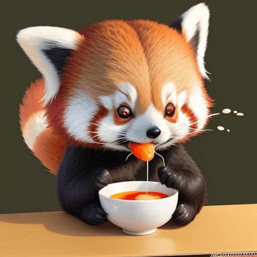 AI generated: red panda, cute appearance, docile character, big eyes, round ears, flat face, thick tail, vivid, fu...