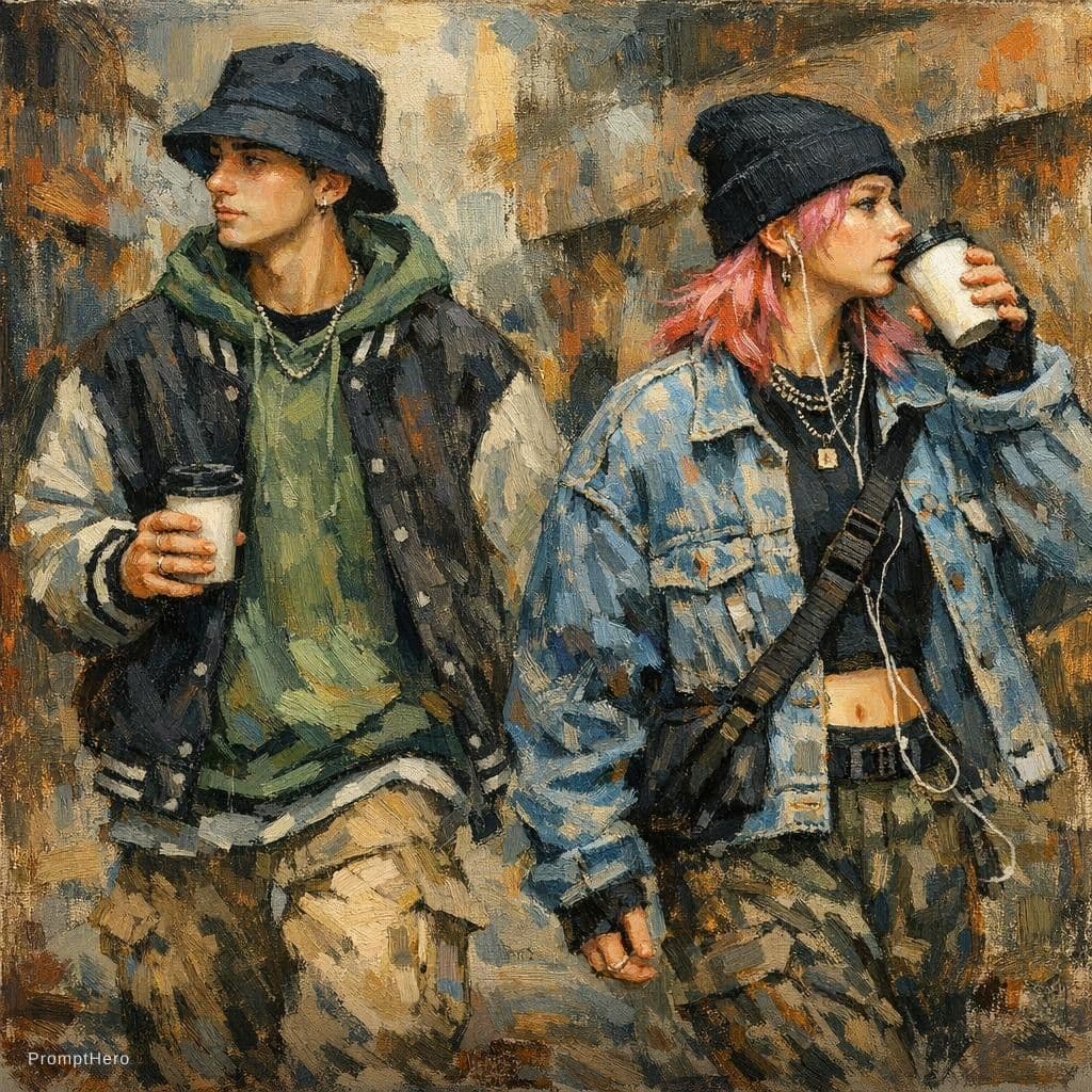 AI generated: Gen z man and woman , walking in different directions, wearing street style clothing, holding a coff...