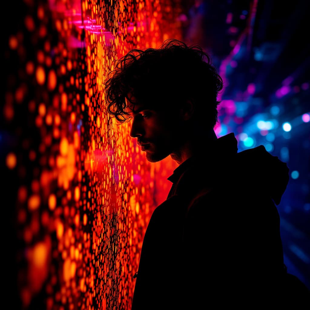 AI generated: photography, portrait. power of contrast, man model profile full body angle, holding a large bag, si...