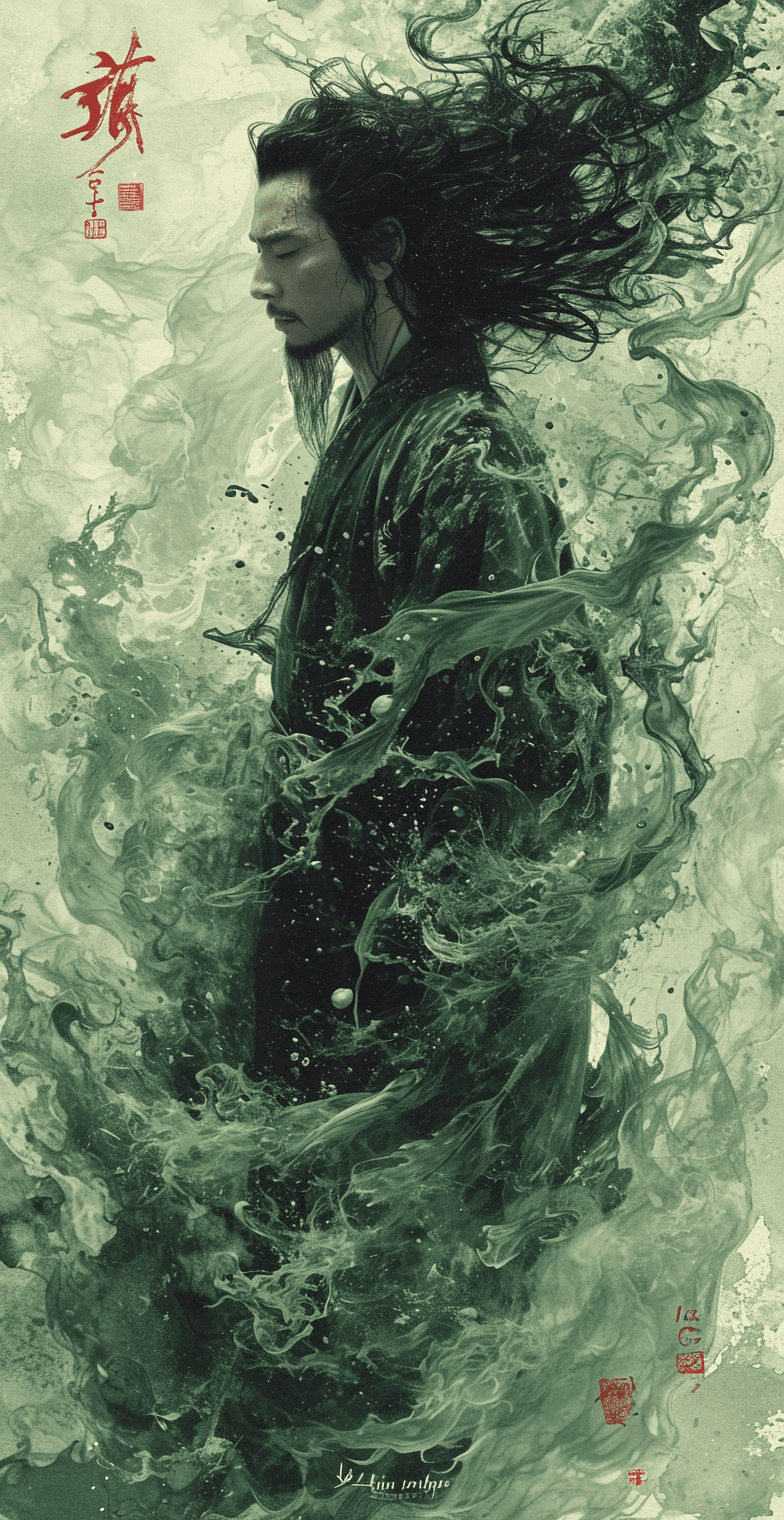 AI generated: modern chinese ink painting in green, in the style of kathrin longhurst, n.c. wyeth, energetic gestu...