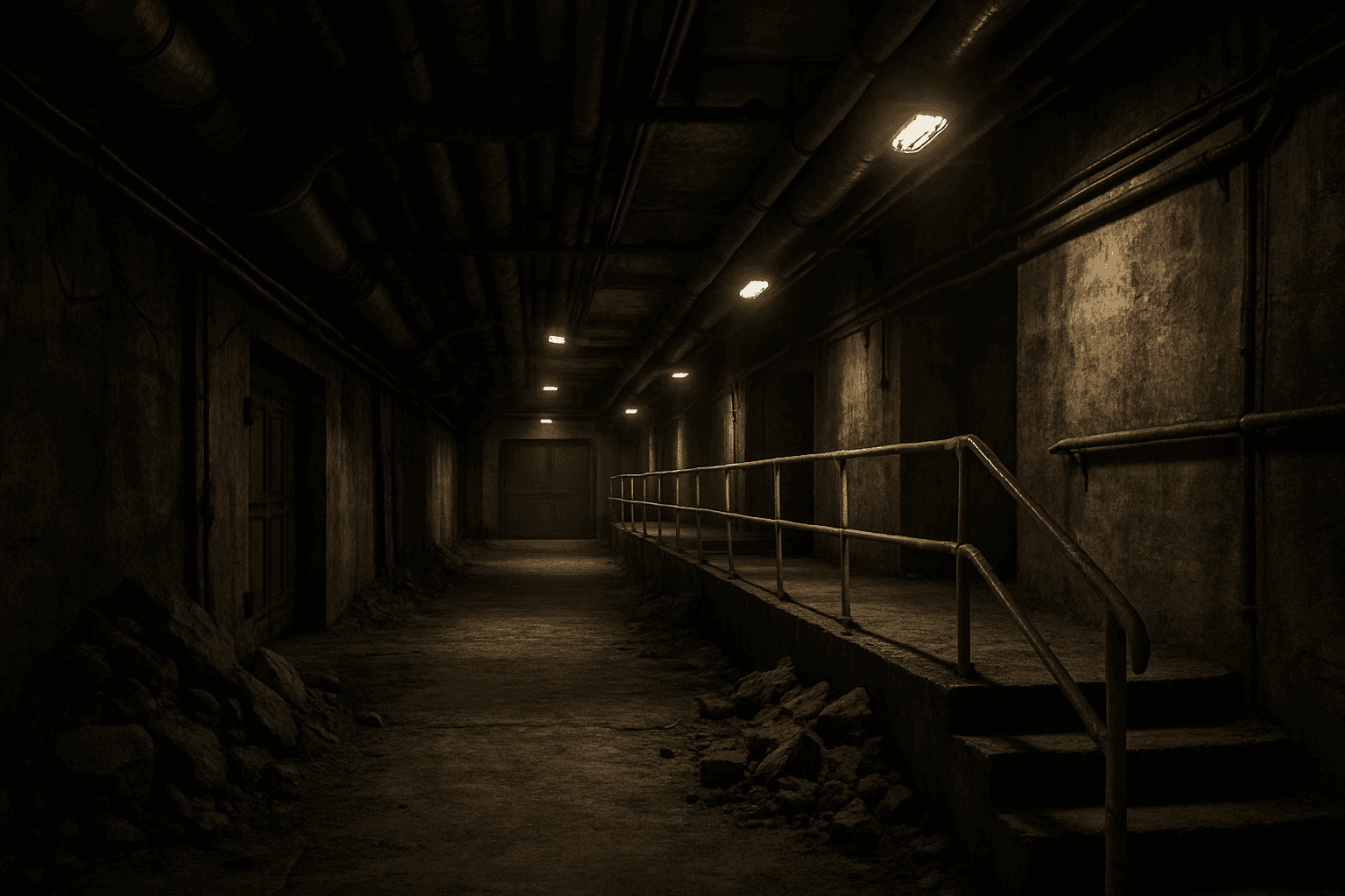 AI generated: A dimly lit, gritty underground bunker corridor stretches into the distance, featuring rough concret...