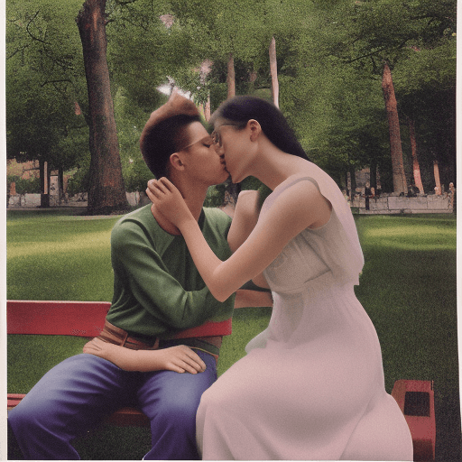 AI generated: color photo of a pair of ethereal auras kissing, radiating love and connection, seated on a bench in...