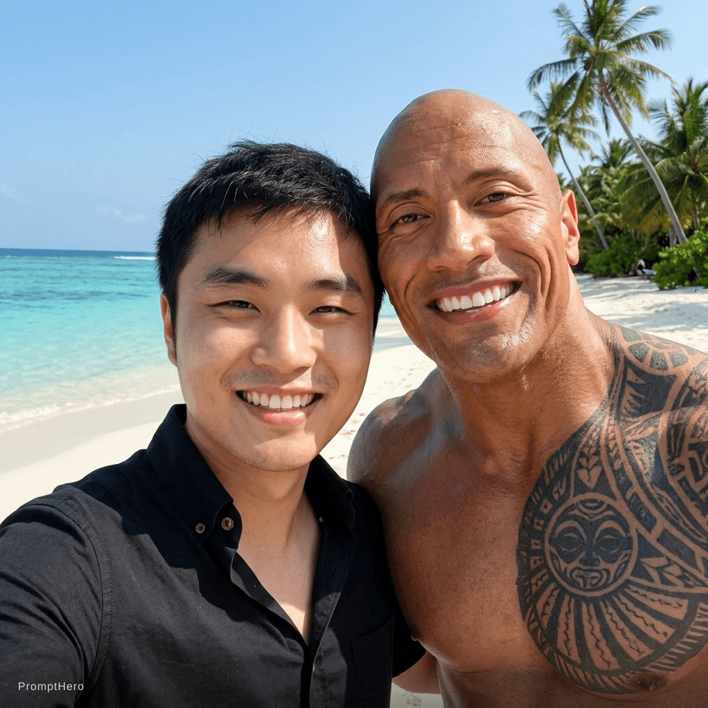AI generated: with Dwayne Johnson at a tropical beach, sunny day, both smiling