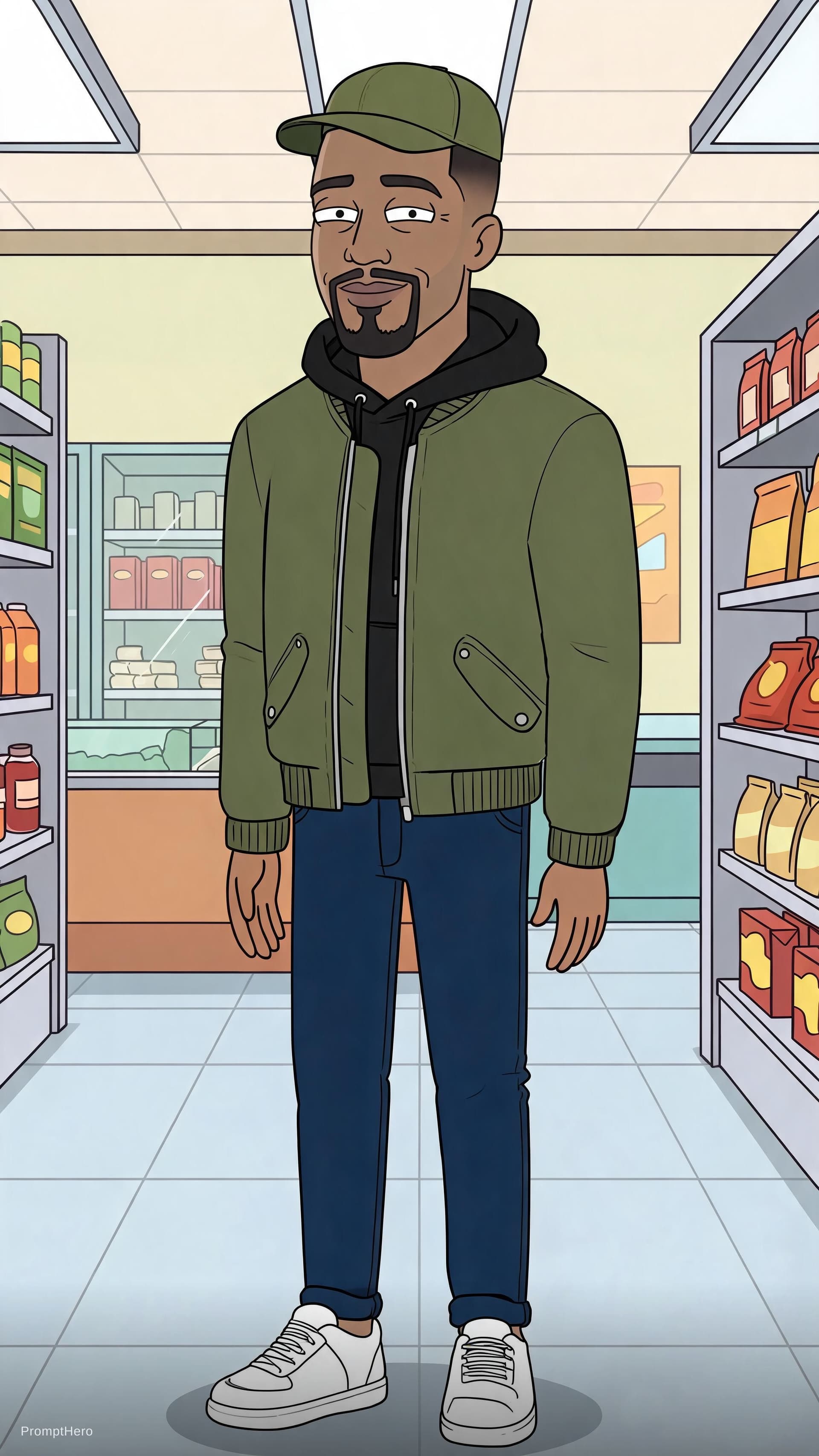 AI generated: Dressed in a black hoodie olive green bomber jacket dark nevy blue jeans and white sneakers with a o...