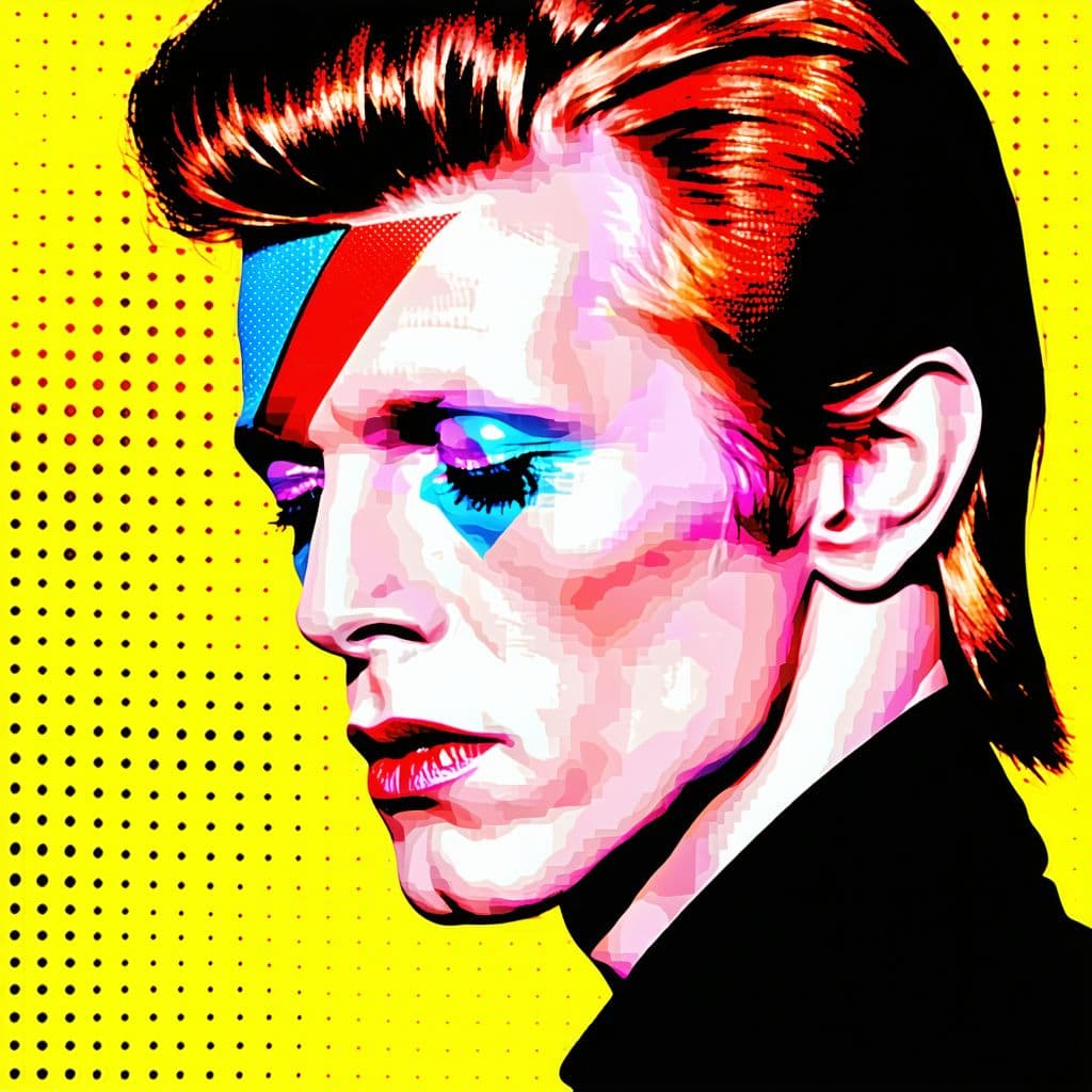 AI generated: stylized portrait of David Bowie, bold red and blue graphic elements on face, closed eyes, exaggerat...