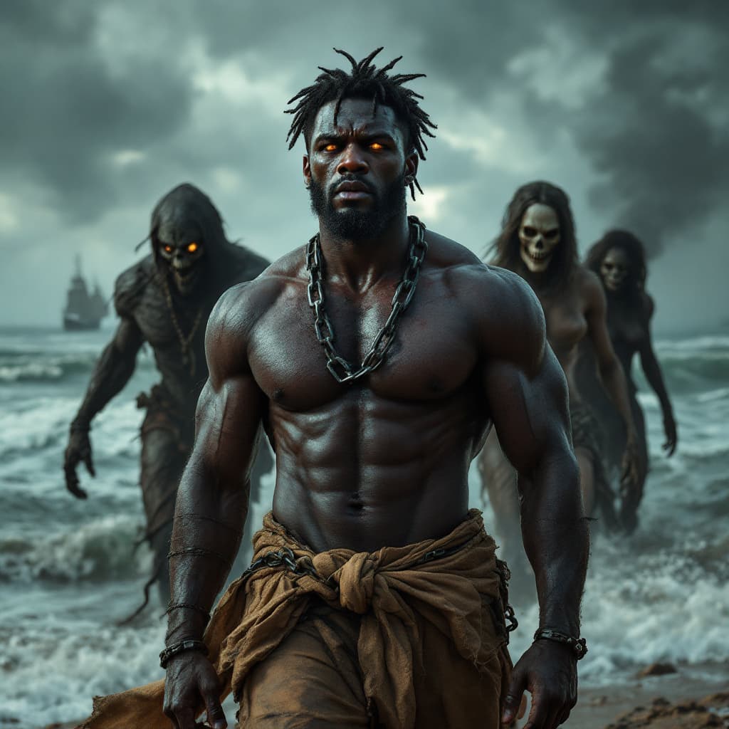AI generated: "A muscular Black man in the 1700s stands on the shores of Africa, his dark skin glistening with swe...