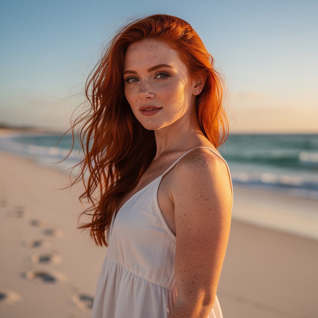 AI generated: beautiful ginger woman at beach
