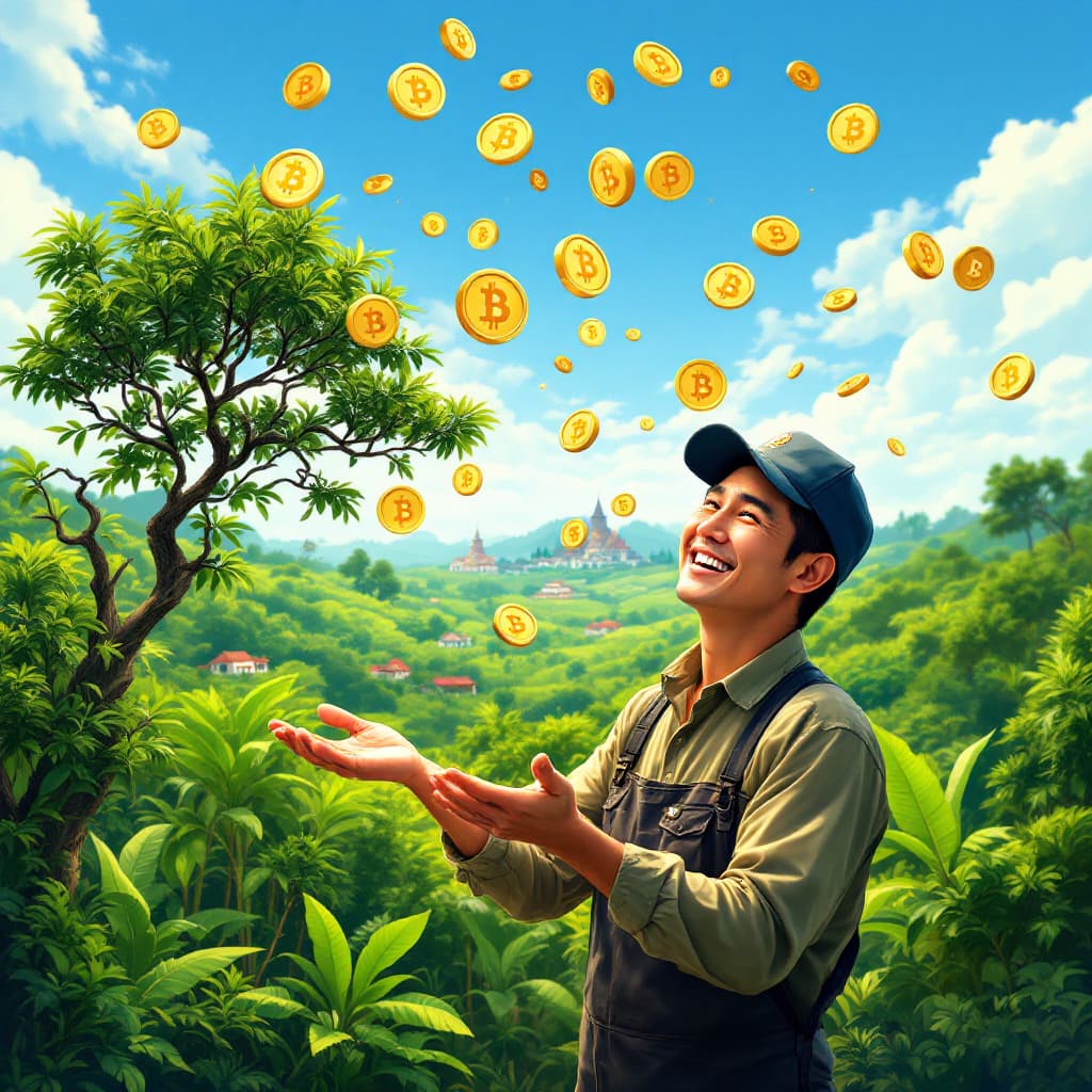 AI generated: A picture of a Thai farmer, his smile gradually widens along with the growth of the trees. In the ba...