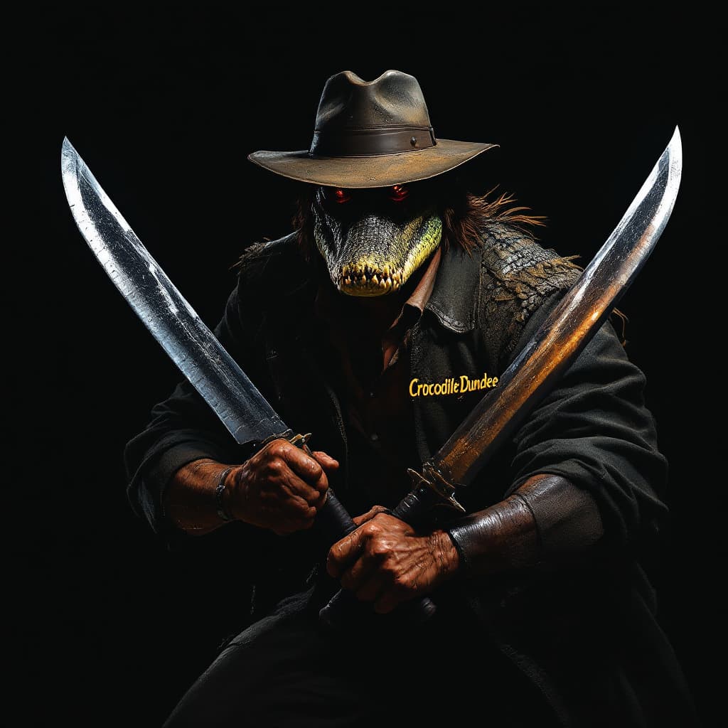 AI generated: dark background, crocodile Dundee, fighter with metal hat,dual machetes, "CrocodileDundee" written o...