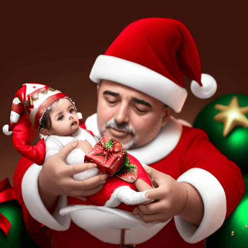 AI generated: bebe disfrazado de papa noel al lado de un pavo navideño