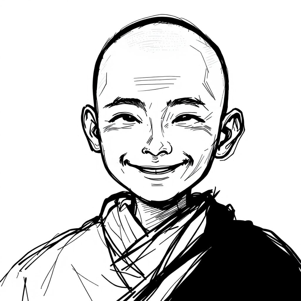 AI generated: Minimalist sketch of a monk, cute young, smiling expression, very basic line drawing, minimalist, ab...