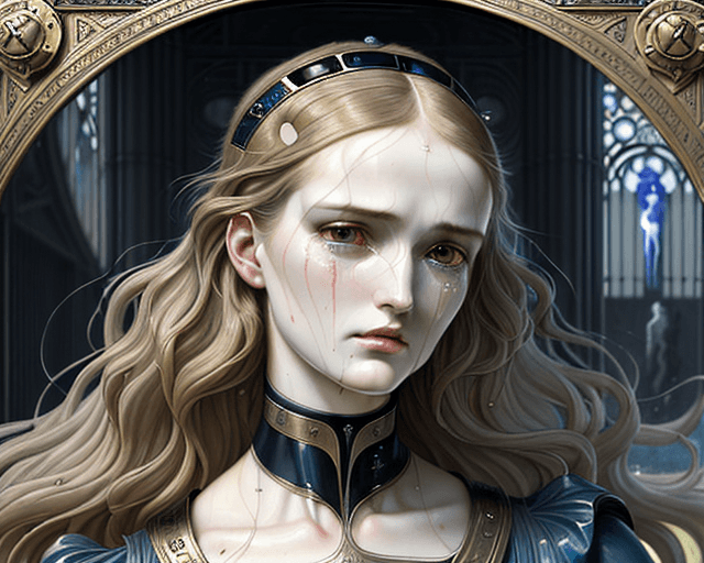 AI generated: futuristic woman, angry, crying blood insipired by Days of Creation (Third) Edward Burne-Jones and a...