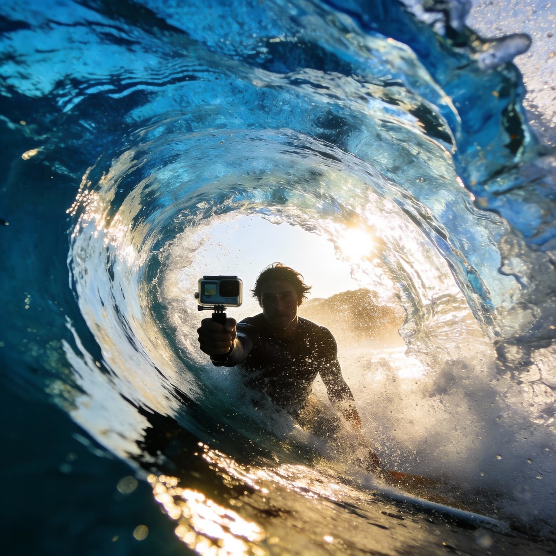AI generated: Cinematic ultra-realistic shot of a surfer inside a powerful barrel, filmed from behind the wave loo...