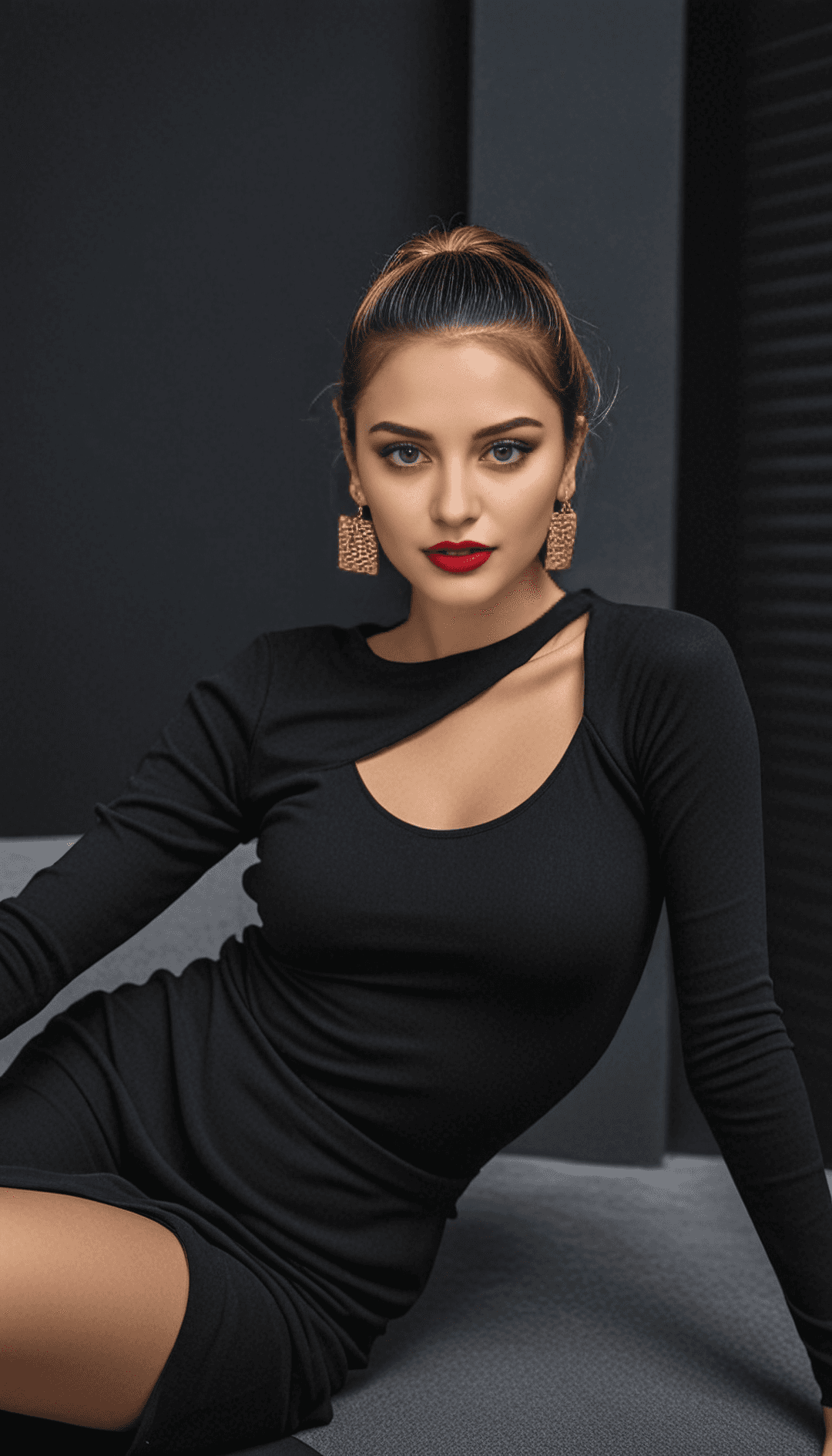 AI generated: A young woman sits confidently, leaning slightly back on her right arm, with her left arm resting on...