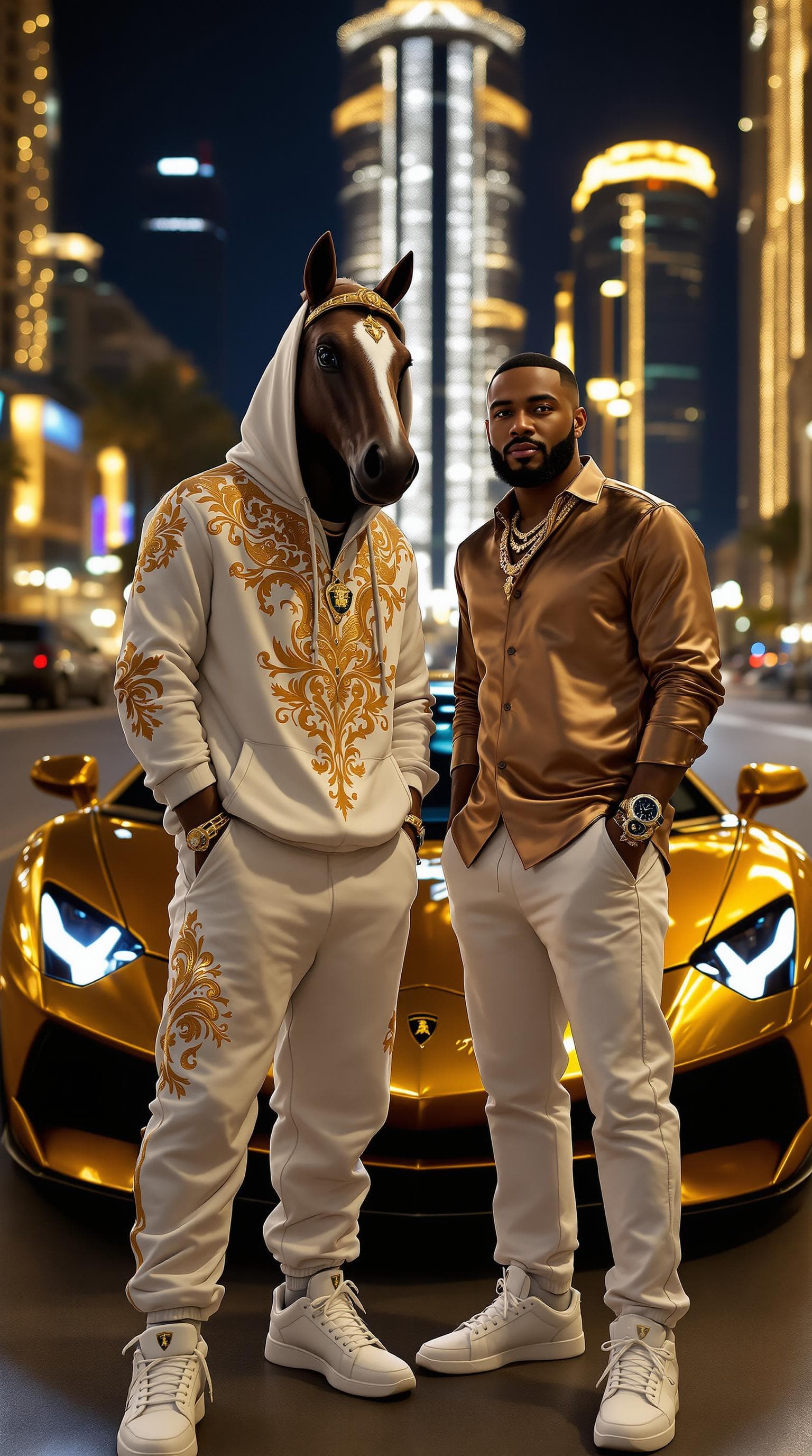 AI generated: Two men radiating wealth and luxury in the high-end Dubai streets. The arabic horse-headed man wears...