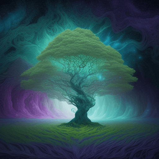 AI generated: bright painting of a tree with stars in the sky, in the style of dreamlike fantasy creatures, multil...