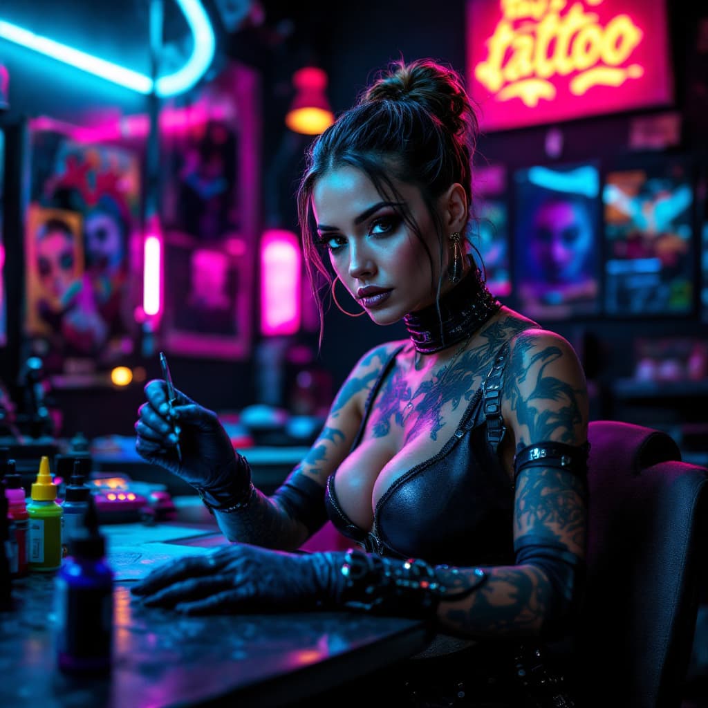 AI generated: A tattooed woman in a futuristic tattoo studio, bathed in neon blue and pink lights. She wears a sle...
