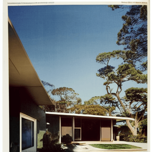 AI generated: hyper realistic eye level exterior photo of a mid century modern style house overlooking the ocean, ...