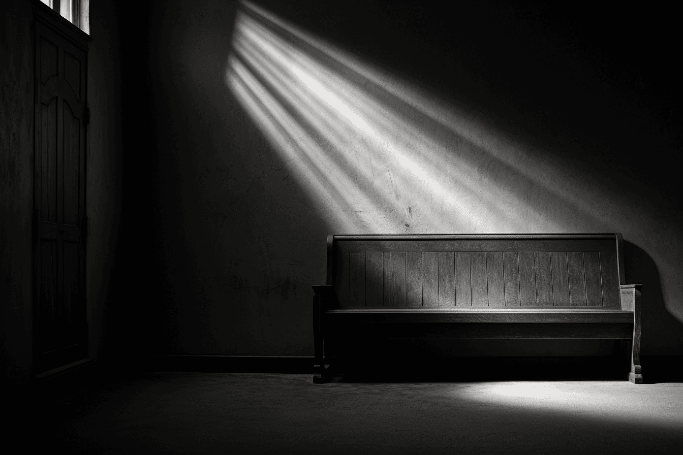 AI generated: black and white photo of a church pew, in the style of renaissance chiaroscuro lighting, bo bartlett...