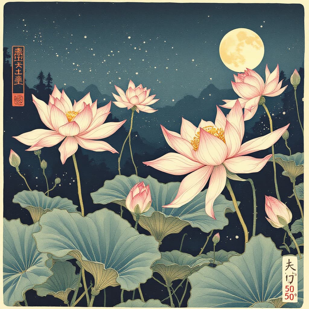 AI generated: Lotus blossoms and the moon in the style of Ukiyo-e, delicate brushwork, ink stamp at the bottom rig...
