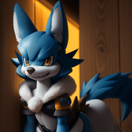 AI generated: lucario standing in a yellow wood wall, detailed,  <lora:Lucario:0.7>, red eyes, spikes, soft smile,...