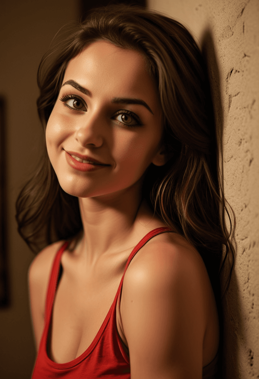 AI generated: woman, dark eyes, long brunette hair, full lips, leaning up against a wall in her house, staring and...