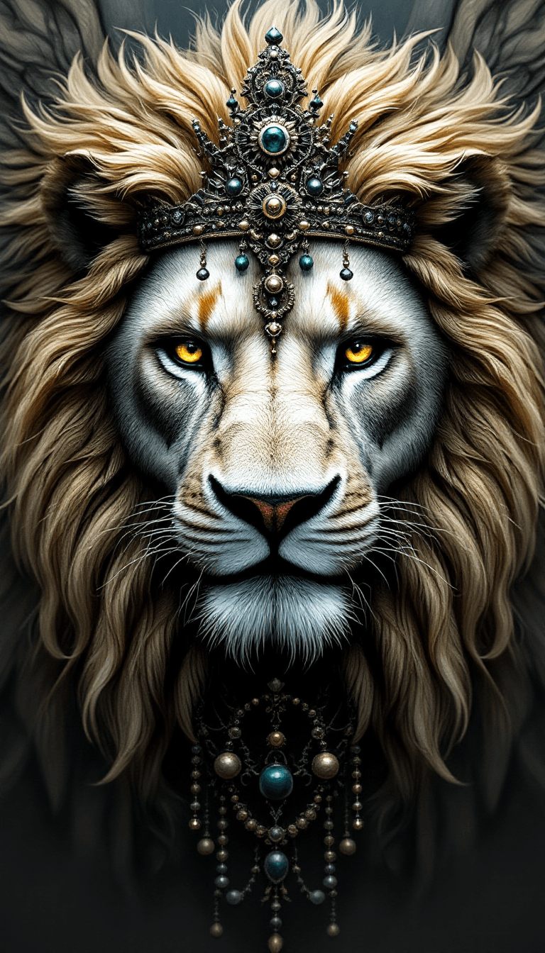 AI generated: Face of a angel lion, many accessories, detailled, King, face