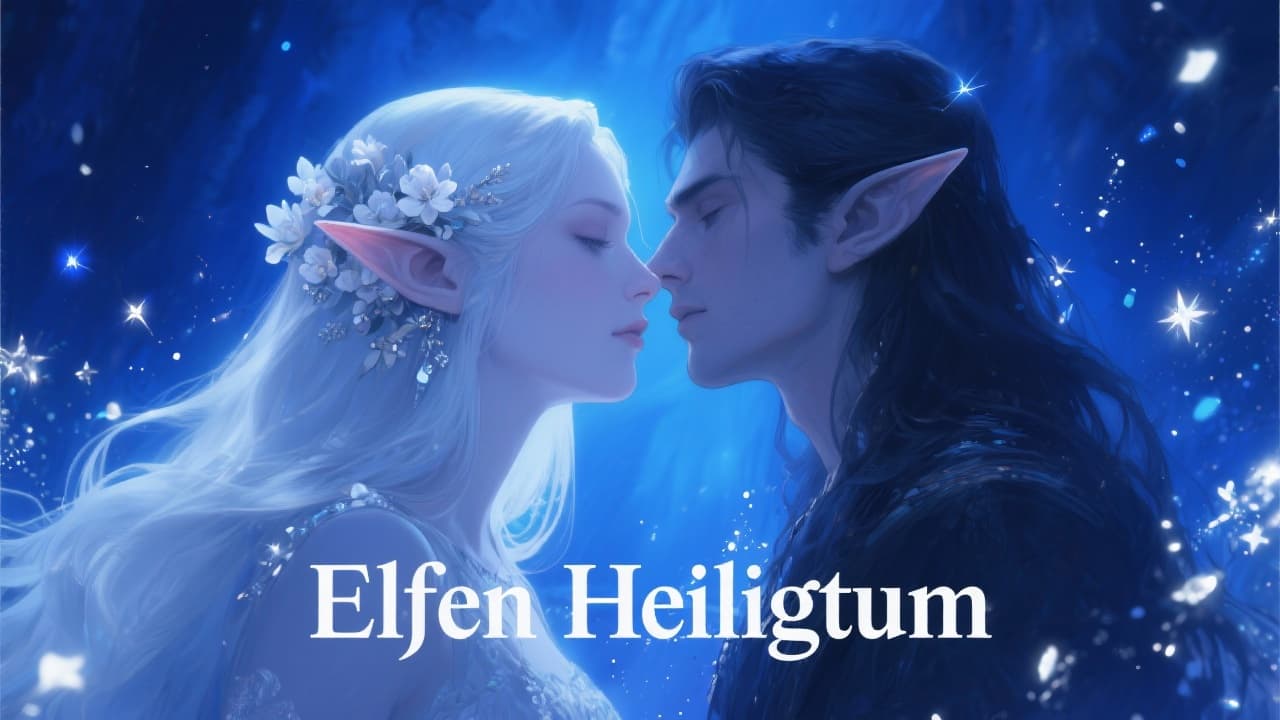 AI generated: A fantasy-themed digital artwork featuring two elf-like figures in an intimate moment against a  blu...