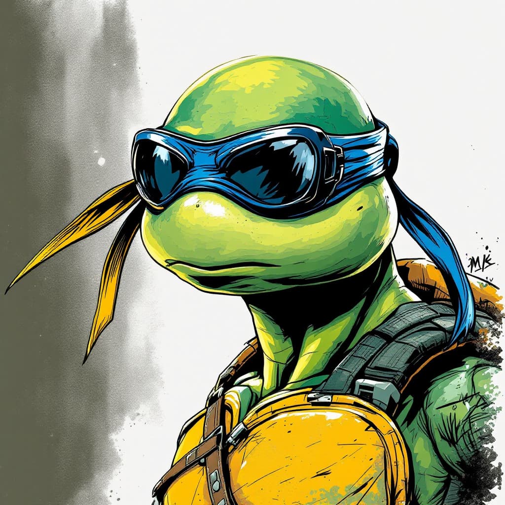 AI generated: a masterpiece drawing of a teenage ninja turtle, perfect design, masterful coloring, great shading, ...