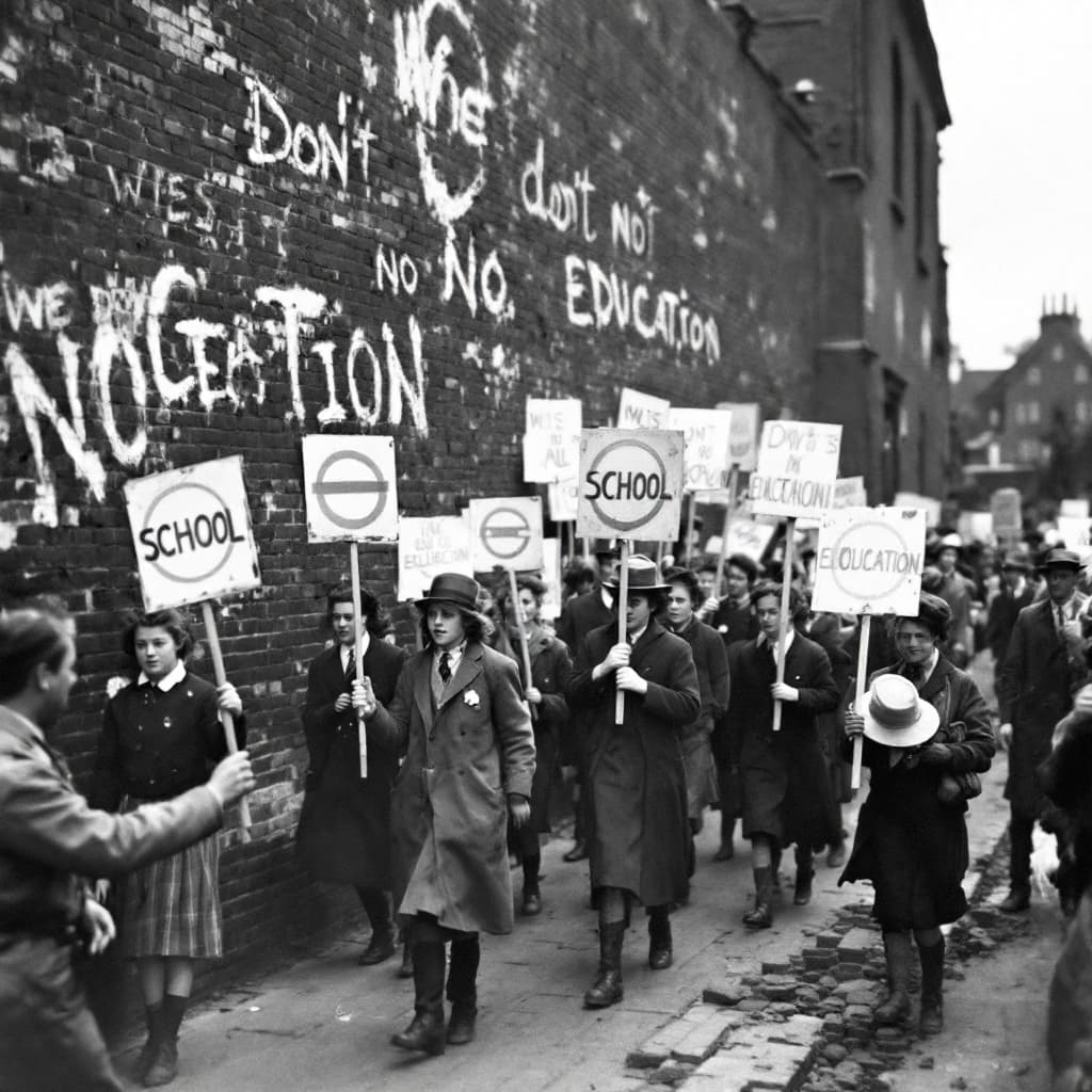 AI generated: A group of British boarding school children from the 1940s march in protest, dressed in old-fashione...