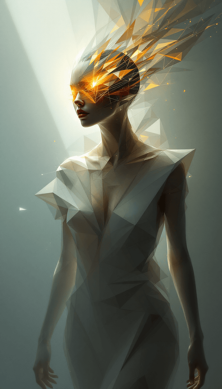 AI generated: An abstract figure with no hair, but patterns of light flowing around her head. Her eyes are hidden ...