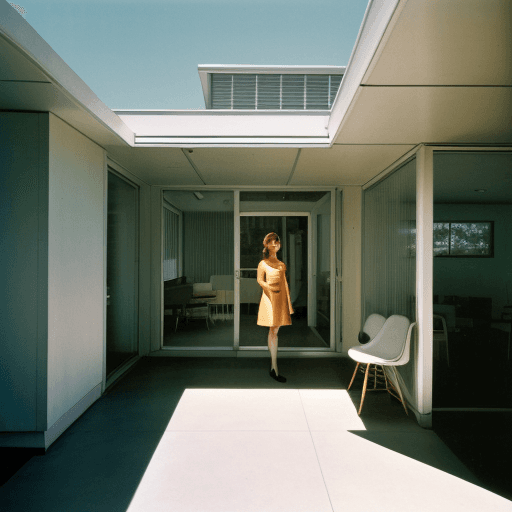 AI generated: Hyper realistic eye level exterior photo of a mid century modern style Teen Girl the ocean, daylight...