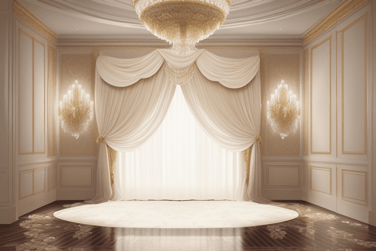 AI generated:  Digital background featuring luxurious drapery with floral wall hangings and curved mirror, parquet...