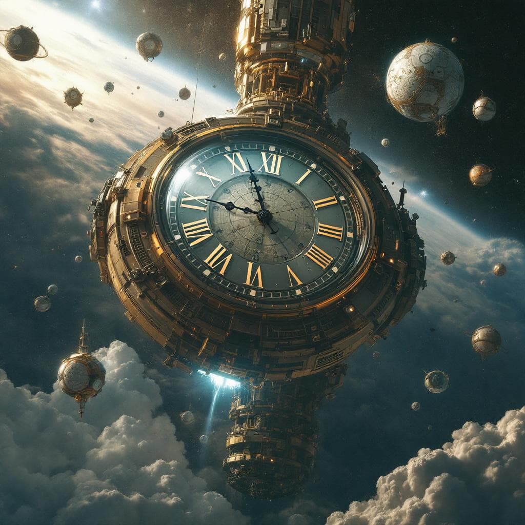 AI generated: A giant clock tower suspended in space, surrounded by orbiting timepieces